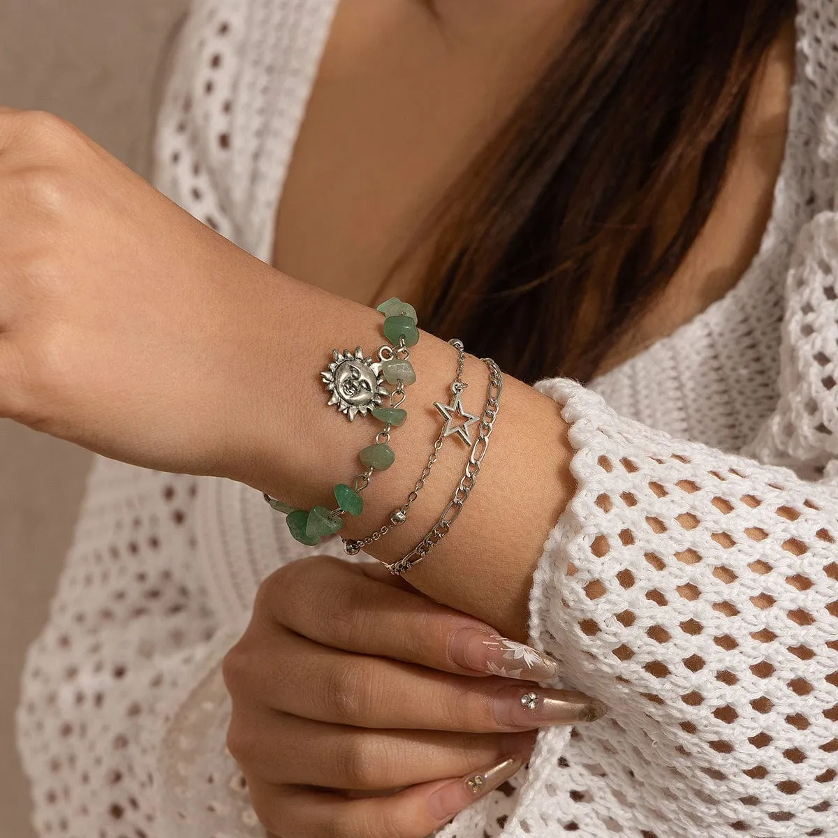 Boho 3Pcs Sun Star Charm Turquoise Stone Bracelet Set