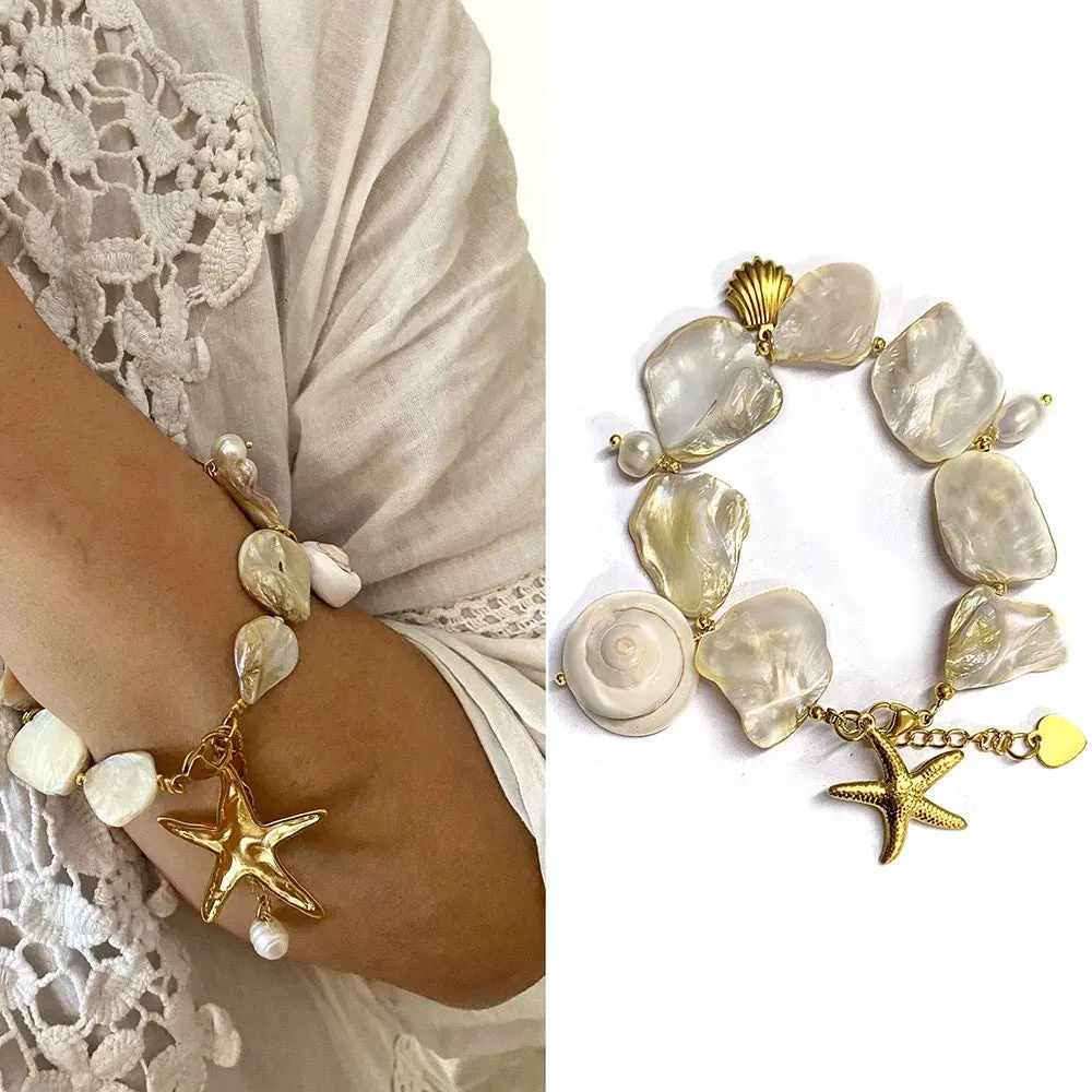 Boho & Mala Pearl & Shell Gold Plated Stainless Steel Cuff Bracelet
