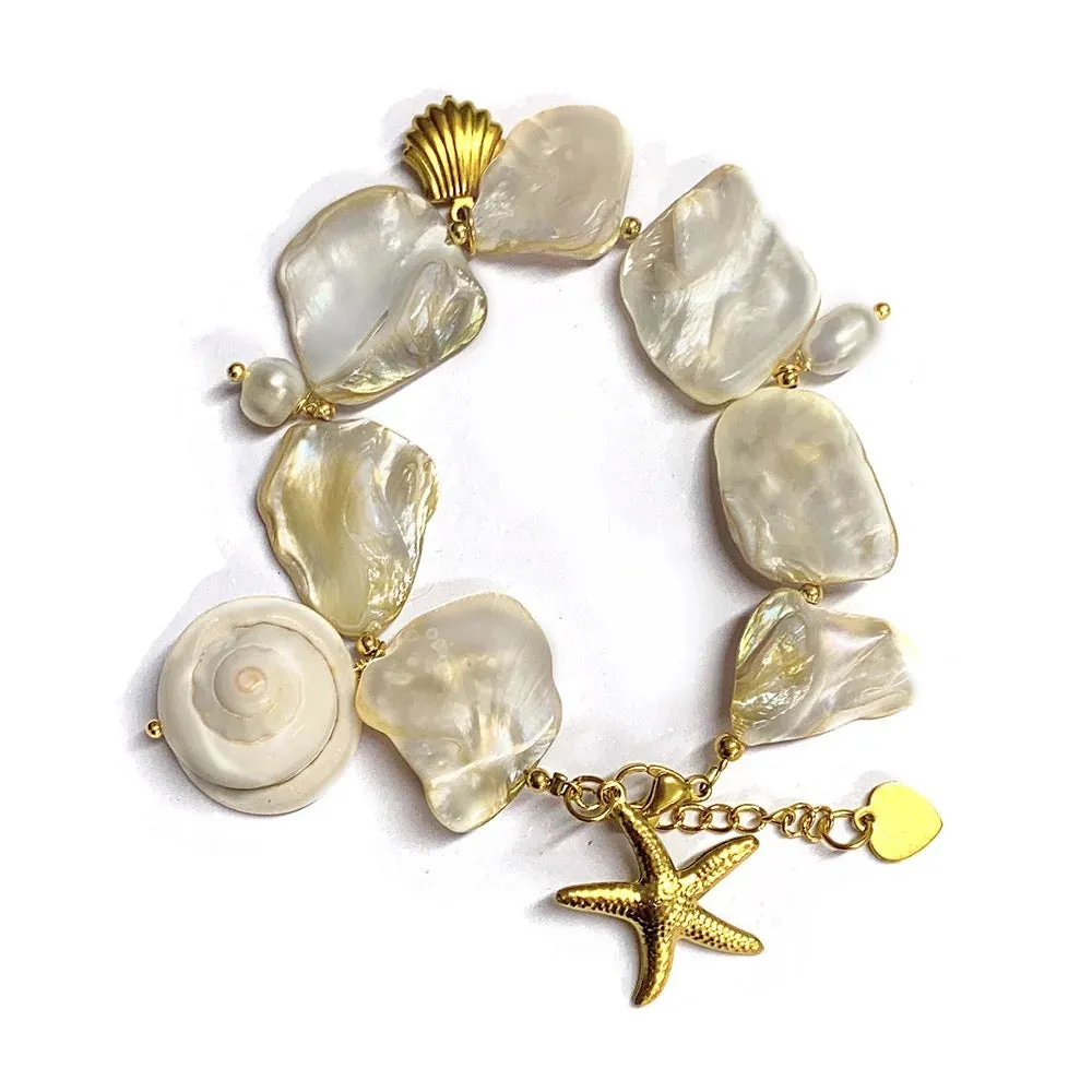 Boho & Mala Pearl & Shell Gold Plated Stainless Steel Cuff Bracelet