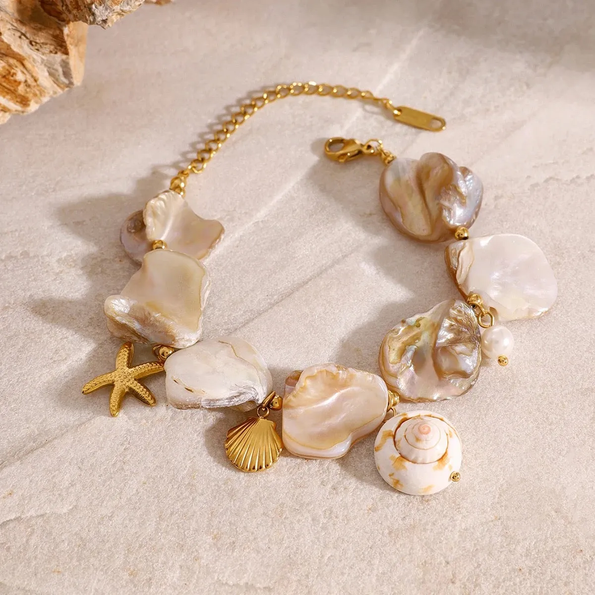 Boho & Mala Pearl & Shell Gold Plated Stainless Steel Cuff Bracelet
