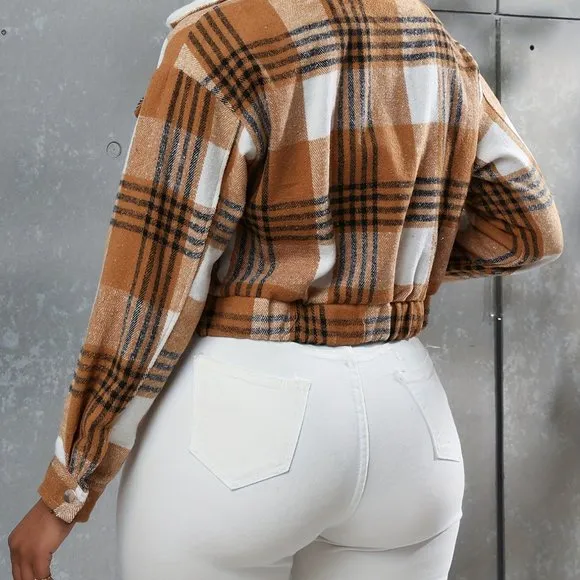Boho Button Plaid Faux Fur Collar Jacket, Casual Long Sleeve Crop Jacket