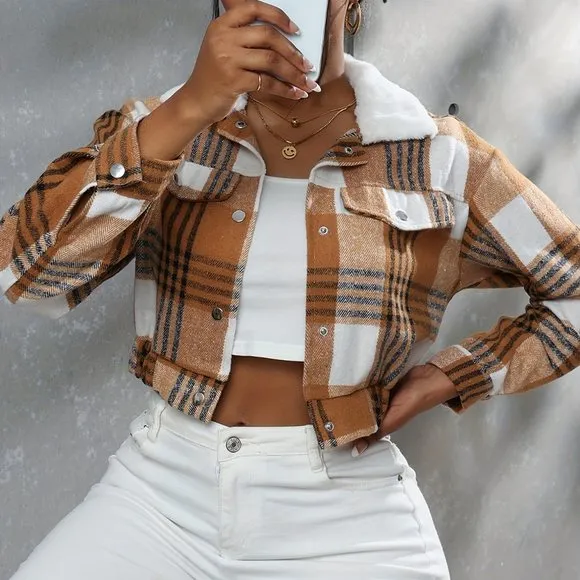 Boho Button Plaid Faux Fur Collar Jacket, Casual Long Sleeve Crop Jacket