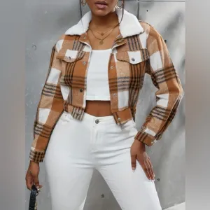 Boho Button Plaid Faux Fur Collar Jacket, Casual Long Sleeve Crop Jacket
