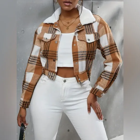 Boho Button Plaid Faux Fur Collar Jacket, Casual Long Sleeve Crop Jacket