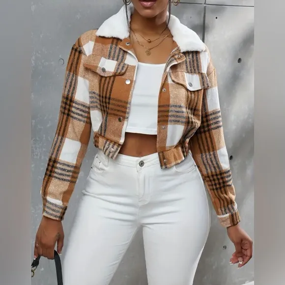 Boho Button Plaid Faux Fur Collar Jacket, Casual Long Sleeve Crop Jacket
