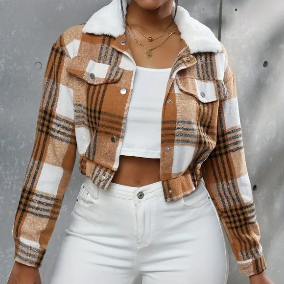 Boho Button Plaid Faux Fur Collar Jacket, Casual Long Sleeve Crop Jacket