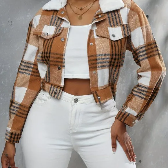 Boho Button Plaid Faux Fur Collar Jacket, Casual Long Sleeve Crop Jacket