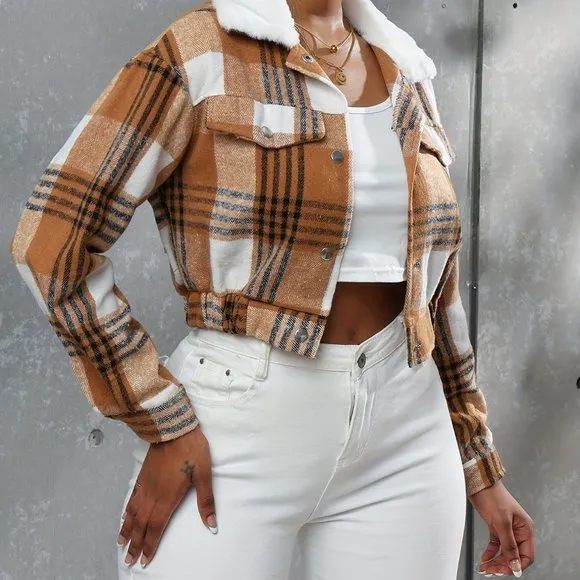 Boho Button Plaid Faux Fur Collar Jacket, Casual Long Sleeve Crop Jacket
