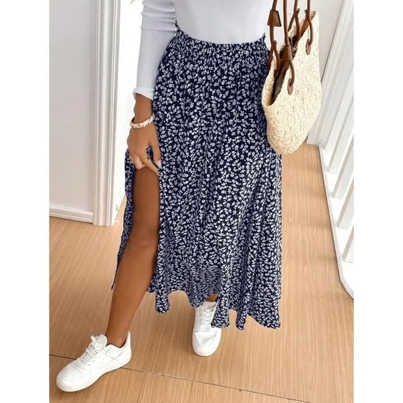 Boho floral print maxi skirt thigh slit navy blue