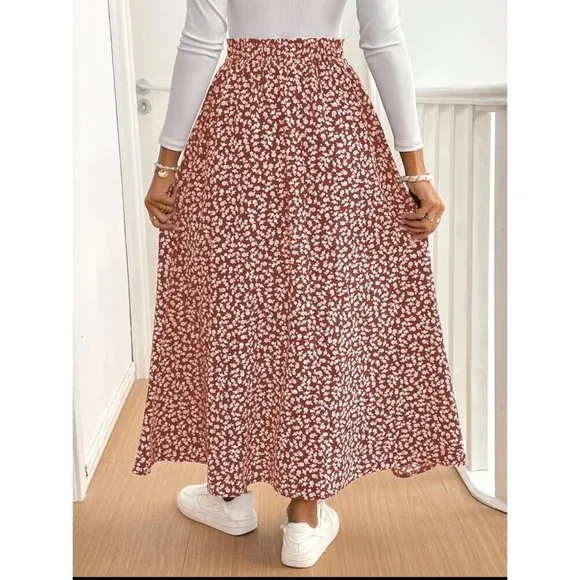 Boho floral print maxi skirt thigh slit navy blue