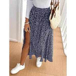 Boho floral print maxi skirt thigh slit navy blue
