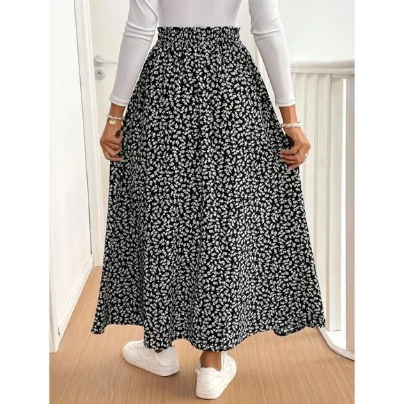 Boho floral print maxi skirt thigh slit navy blue
