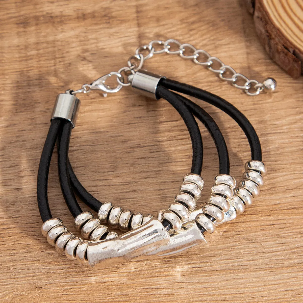 Boho Layered Cylinder Charm PU String Bracelet