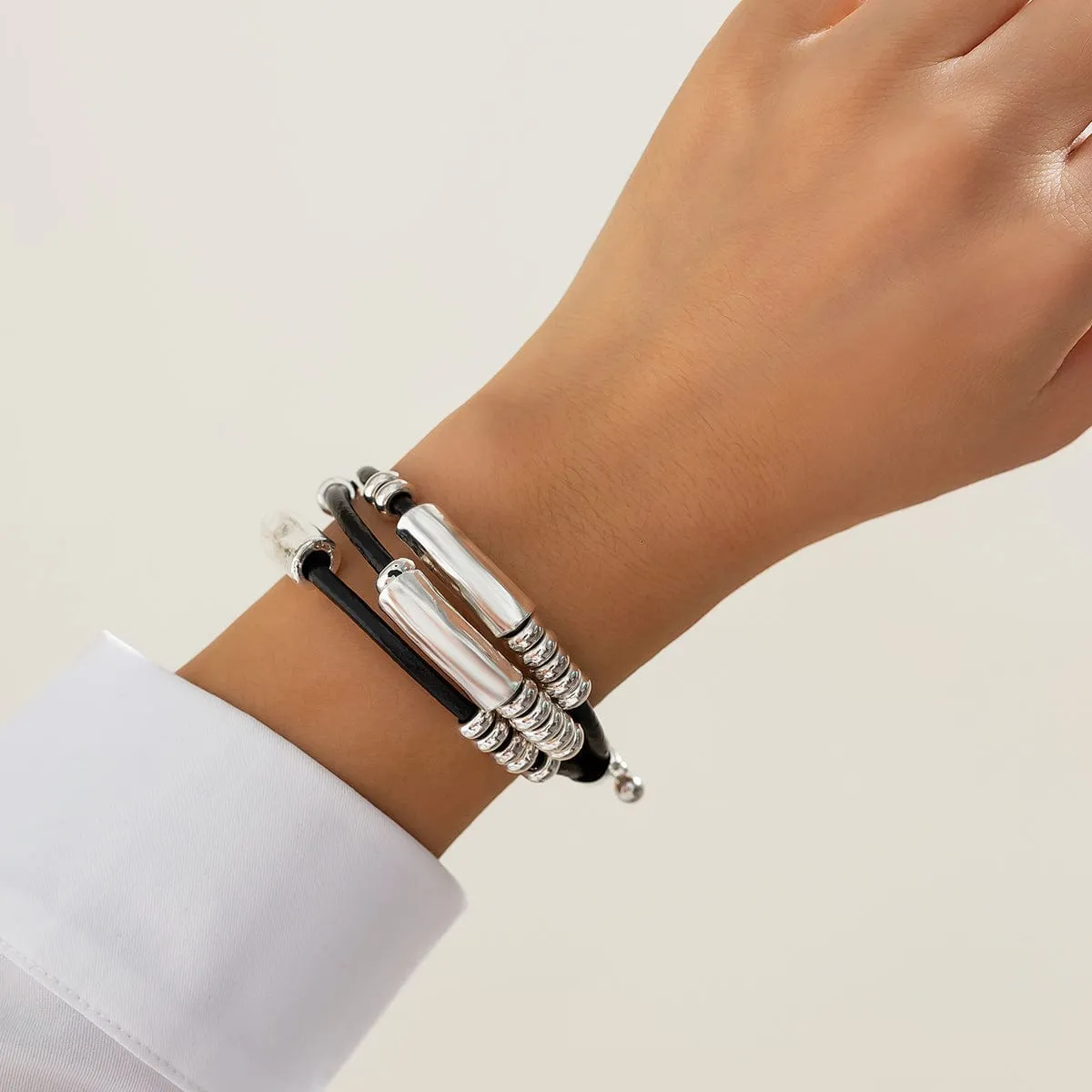 Boho Layered Cylinder Charm PU String Bracelet