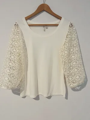 CATO Crochet Detail Sleeve Top Sz M Ivory Mix Media Jersey Knit Boho Blouse