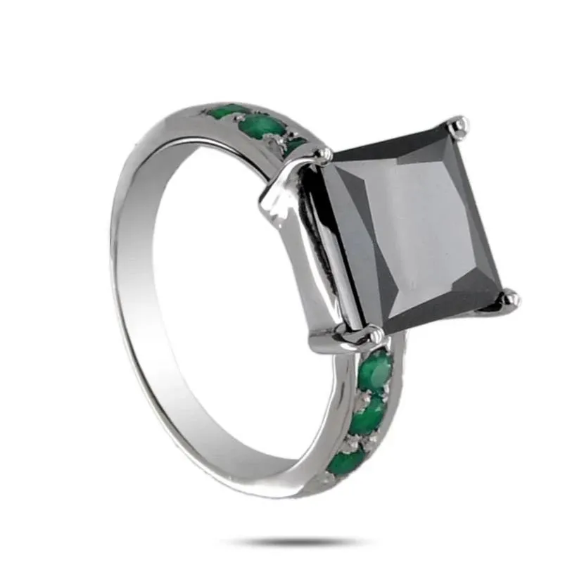 Certified 4 Ct Black Diamond Ring with Emerald Accents in 925 Silver, Latest Design & Great Shine!