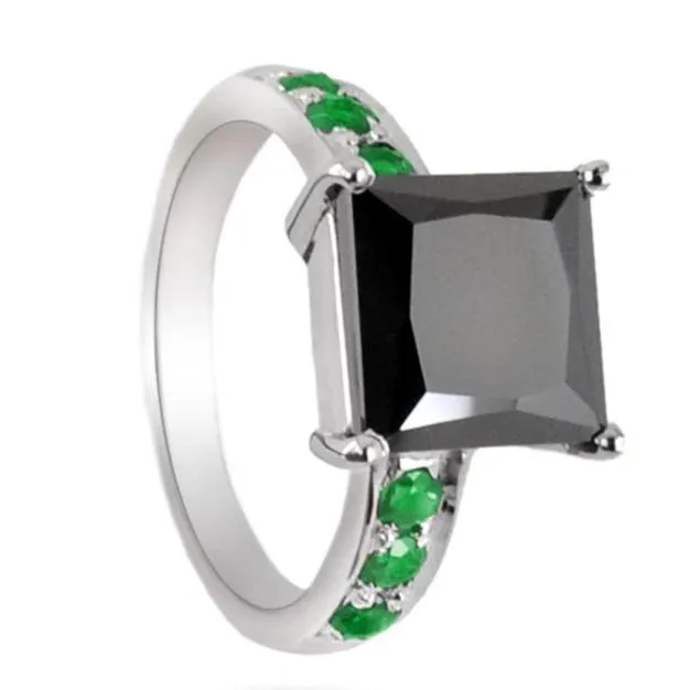Certified 4 Ct Black Diamond Ring with Emerald Accents in 925 Silver, Latest Design & Great Shine!