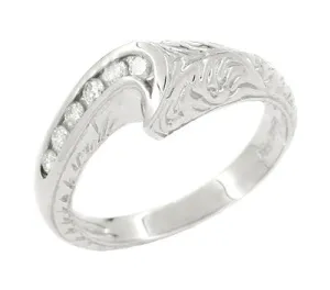 Channel Set Diamond Art Deco Wave Ring in 14 Karat White Gold