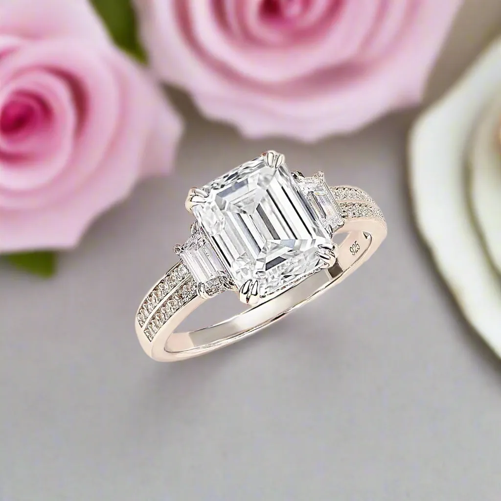 Classic Three Stone Emerald Cut Engagement Ring