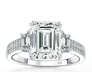 Classic Three Stone Emerald Cut Engagement Ring