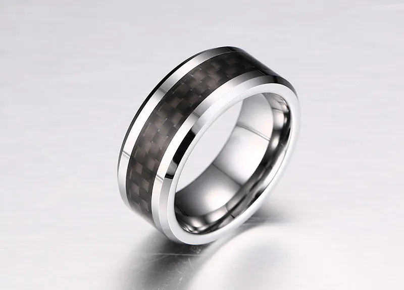 Classic Tungsten Carbide and Carbon Clean Cut RIng