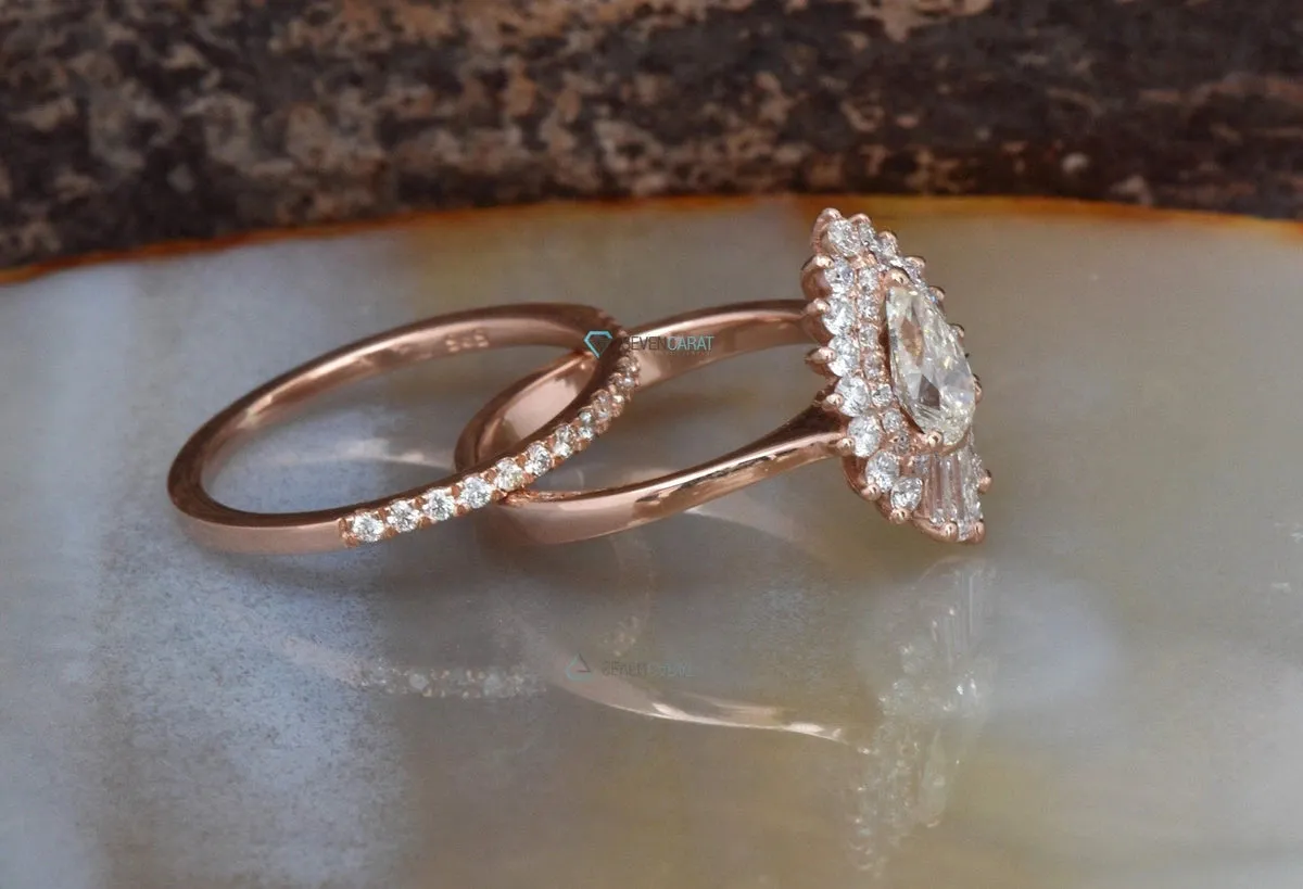 Cluster wedding ring set-Baguette wedding bands women-Diamond engagement ring vintage-Gold ring-Promise ring-Pear shaped diamond ring