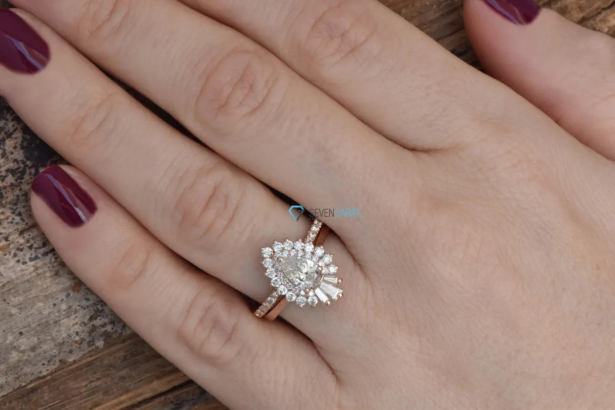 Cluster wedding ring set-Baguette wedding bands women-Diamond engagement ring vintage-Gold ring-Promise ring-Pear shaped diamond ring
