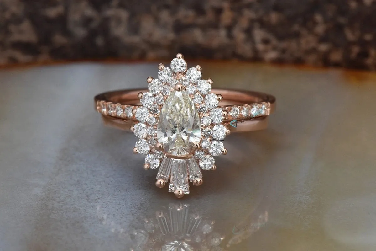 Cluster wedding ring set-Baguette wedding bands women-Diamond engagement ring vintage-Gold ring-Promise ring-Pear shaped diamond ring