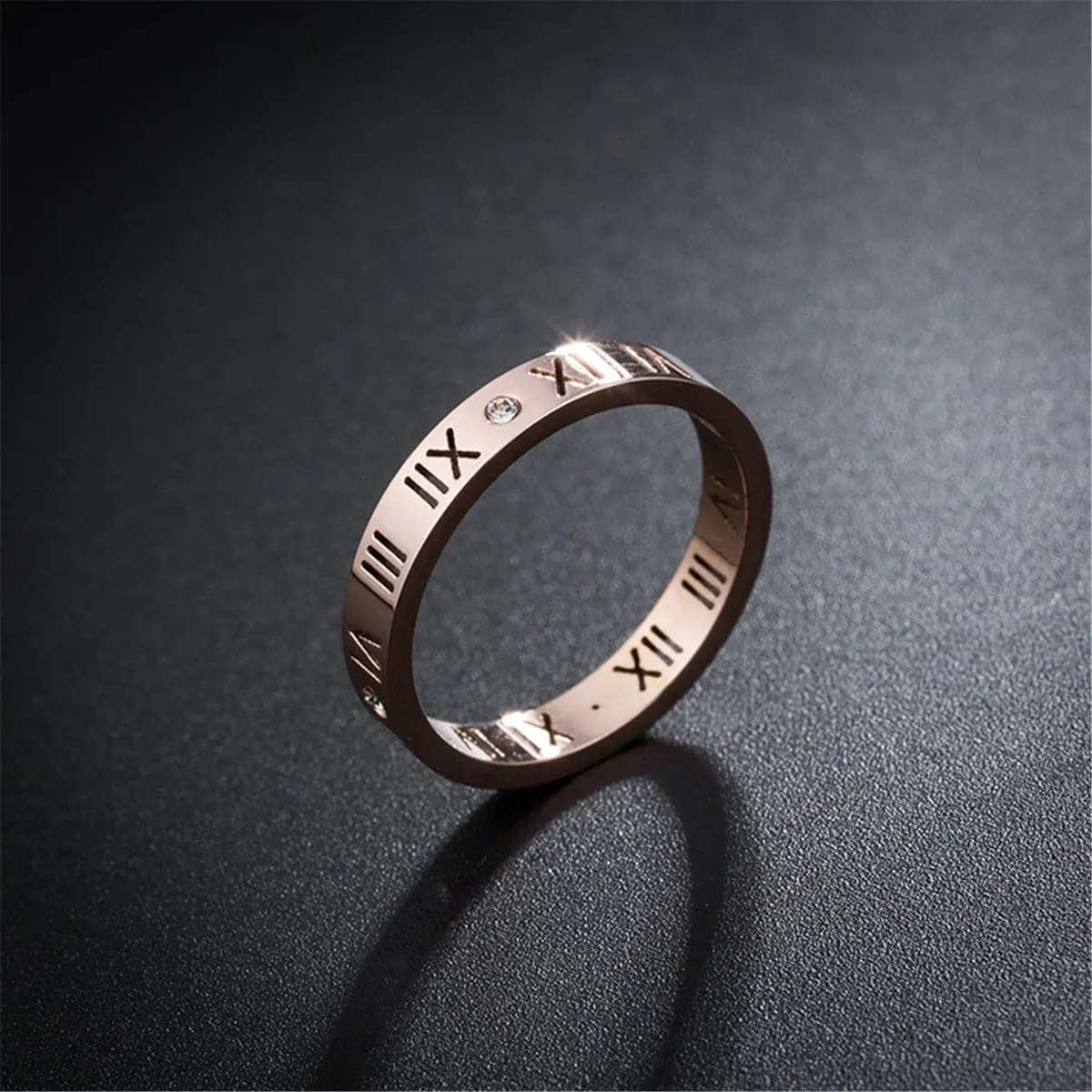 Cubic Zirconia & 18K Rose Gold-Plated Roman Numeral Band Ring