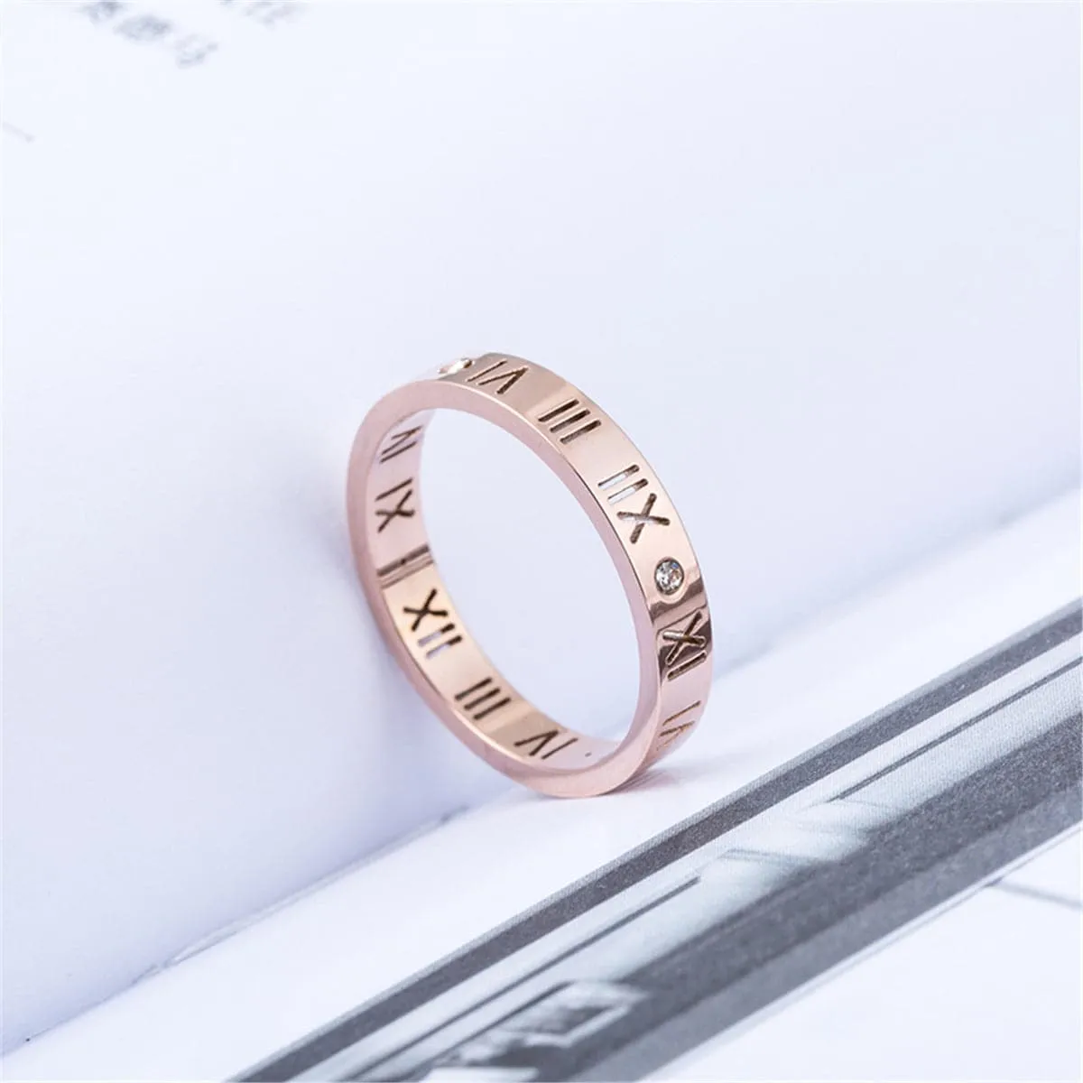 Cubic Zirconia & 18K Rose Gold-Plated Roman Numeral Band Ring