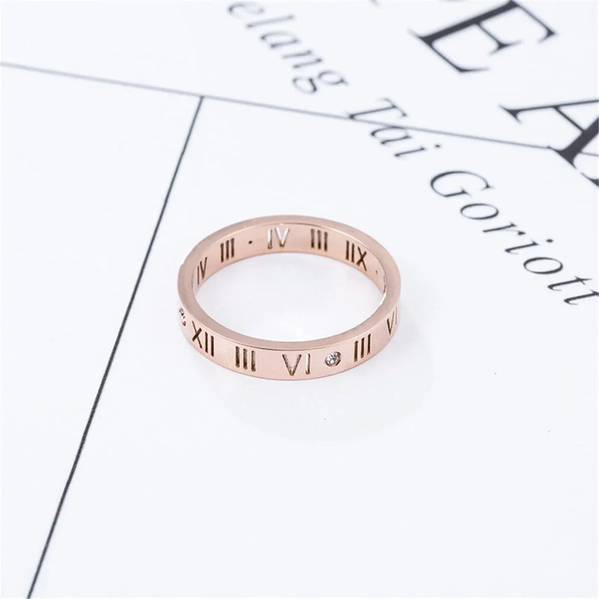 Cubic Zirconia & 18K Rose Gold-Plated Roman Numeral Band Ring