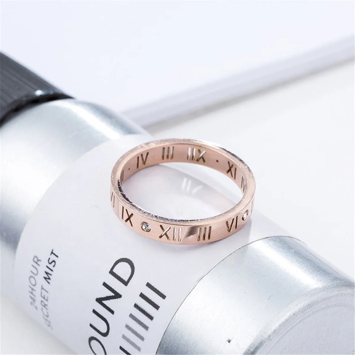 Cubic Zirconia & 18K Rose Gold-Plated Roman Numeral Band Ring