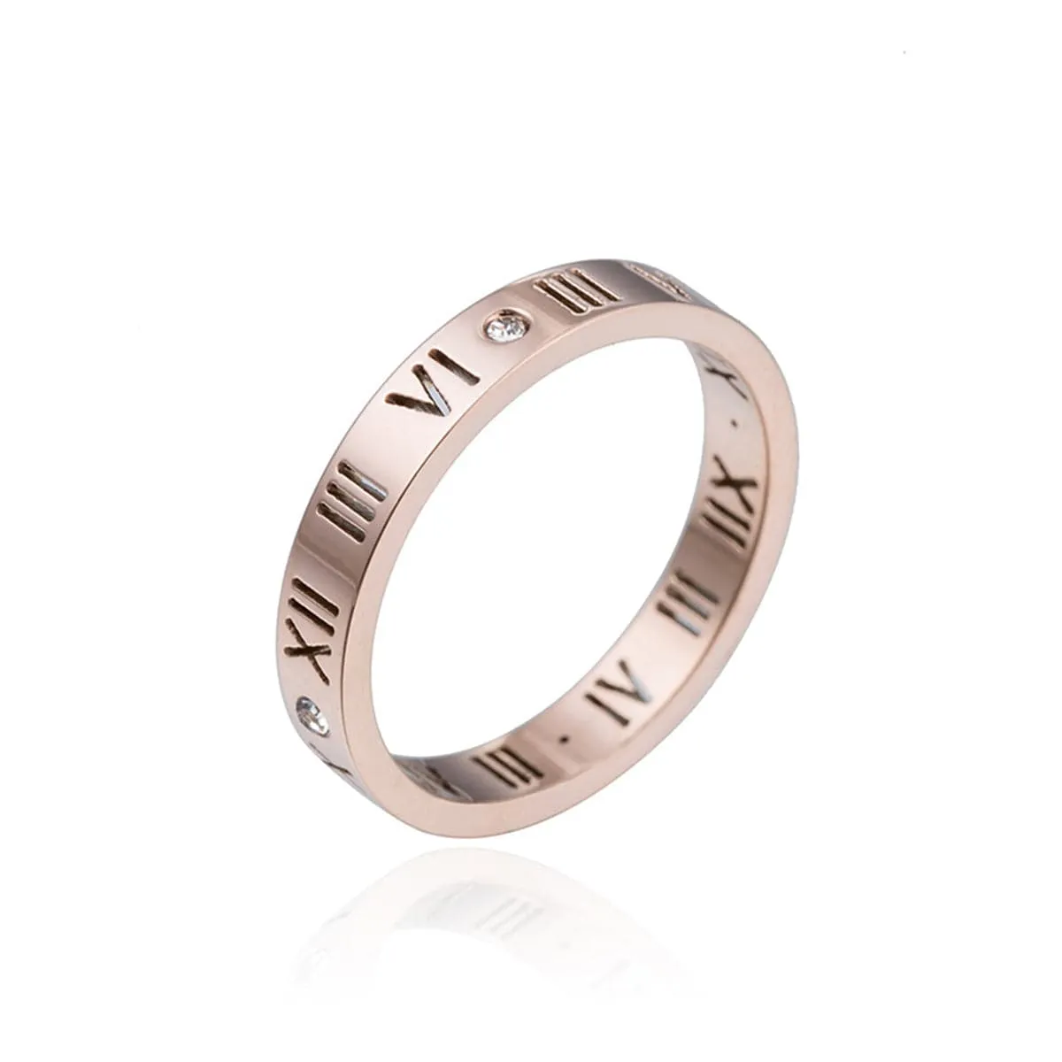 Cubic Zirconia & 18K Rose Gold-Plated Roman Numeral Band Ring