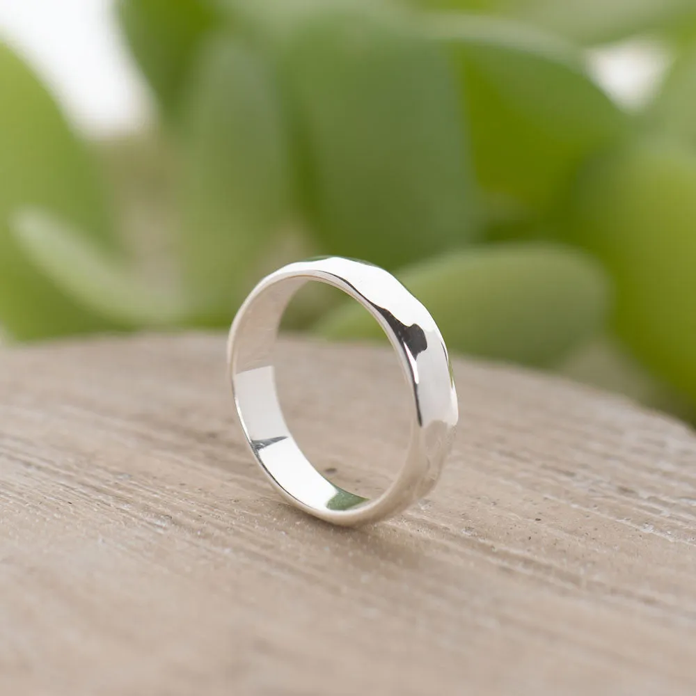 D-Shaped, Hammered-Finish Solid 925 Silver Band - 4mm Wide