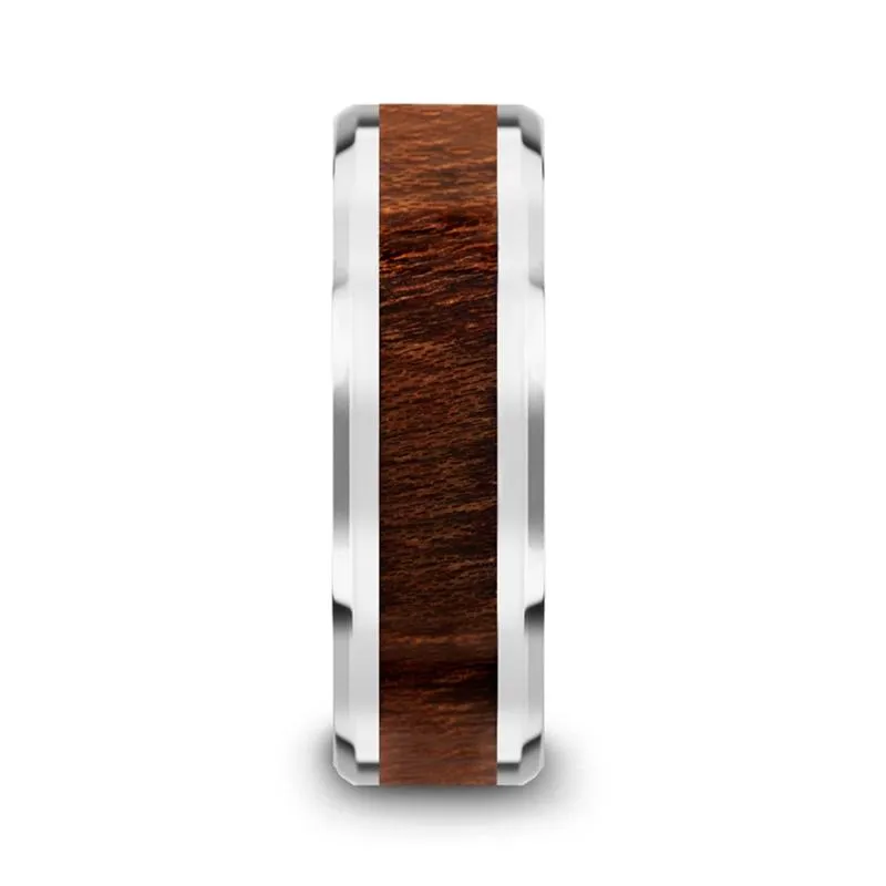 DACIAN | Silver Tungsten Ring, Carpathian Wood Inlay, Beveled