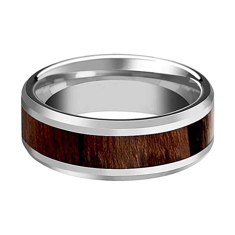 DACIAN | Silver Tungsten Ring, Carpathian Wood Inlay, Beveled