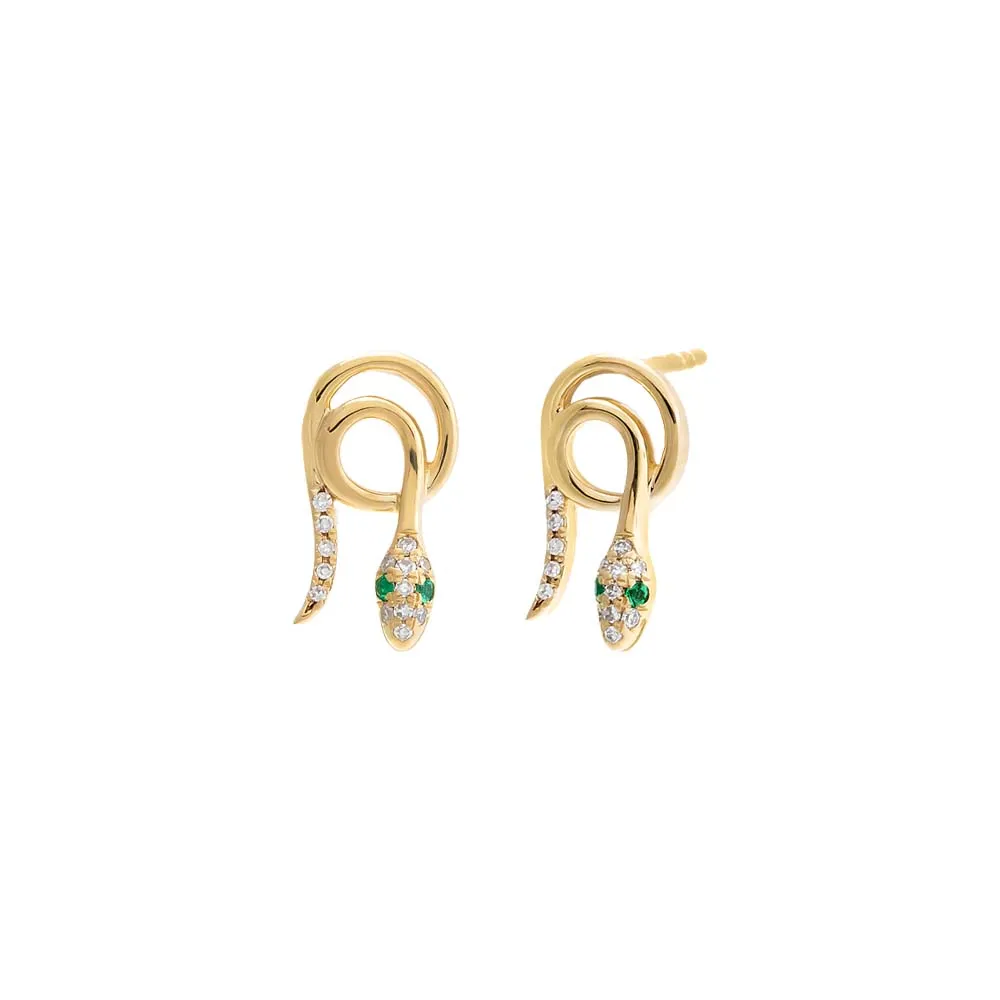 Diamond & Emerald Loop Snake Stud Earring 14K
