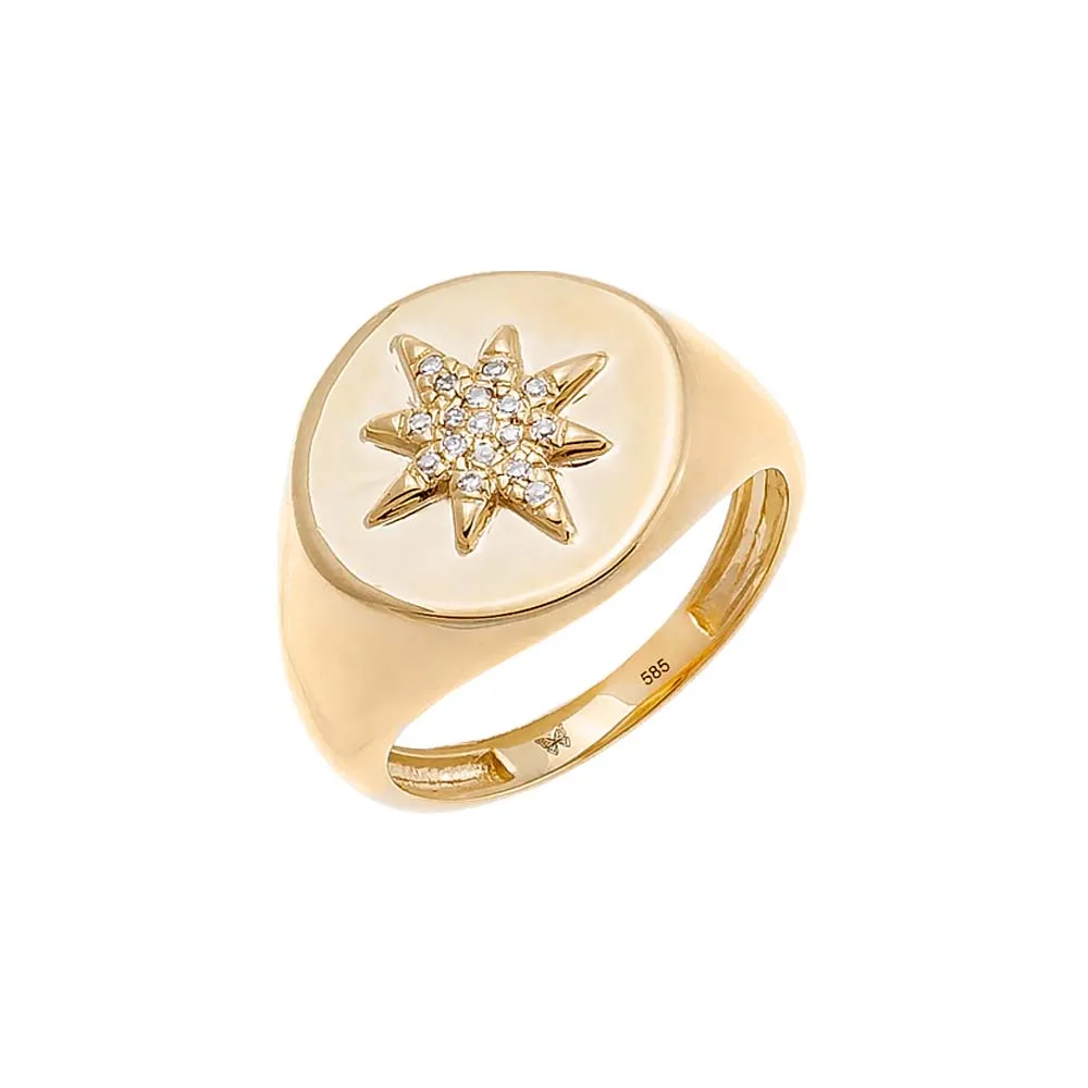 Diamond Pave Starburst Signet Pinky Ring 14K