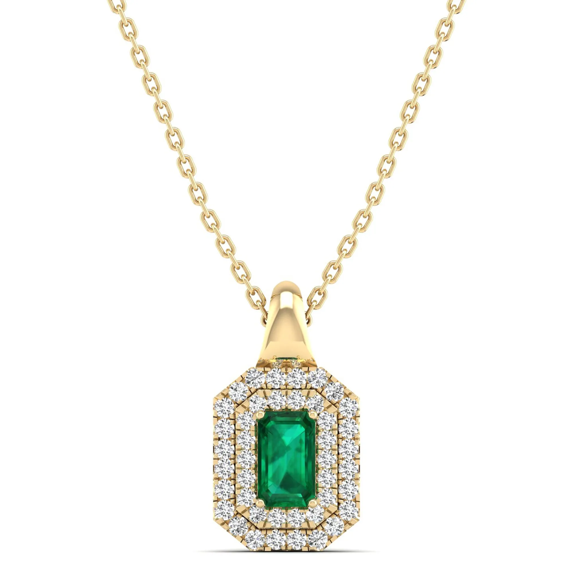 Double Halo Emerald and Diamond Beveled Pendant