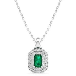 Double Halo Emerald and Diamond Beveled Pendant