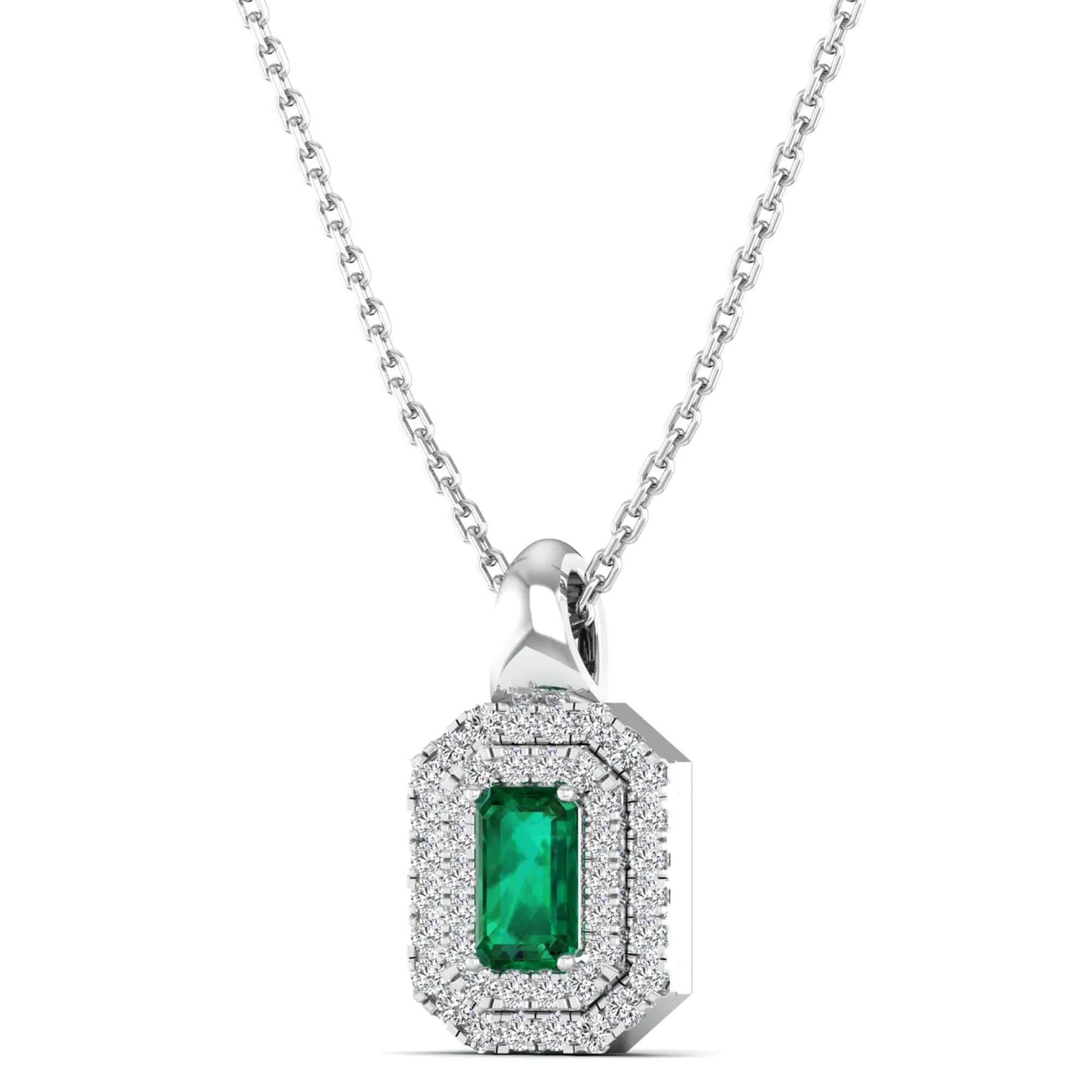 Double Halo Emerald and Diamond Beveled Pendant