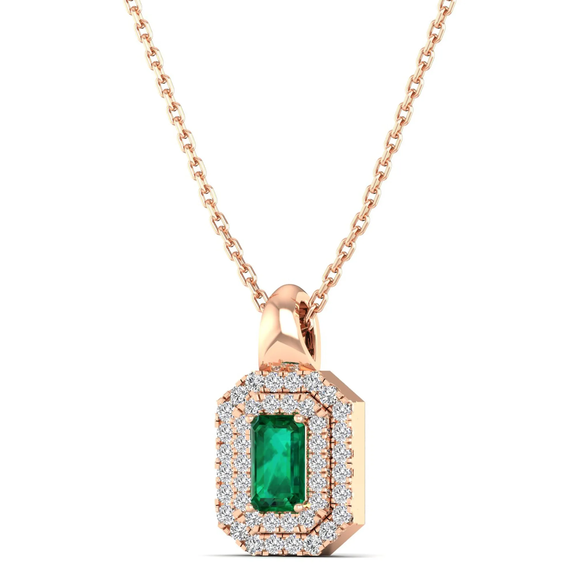 Double Halo Emerald and Diamond Beveled Pendant