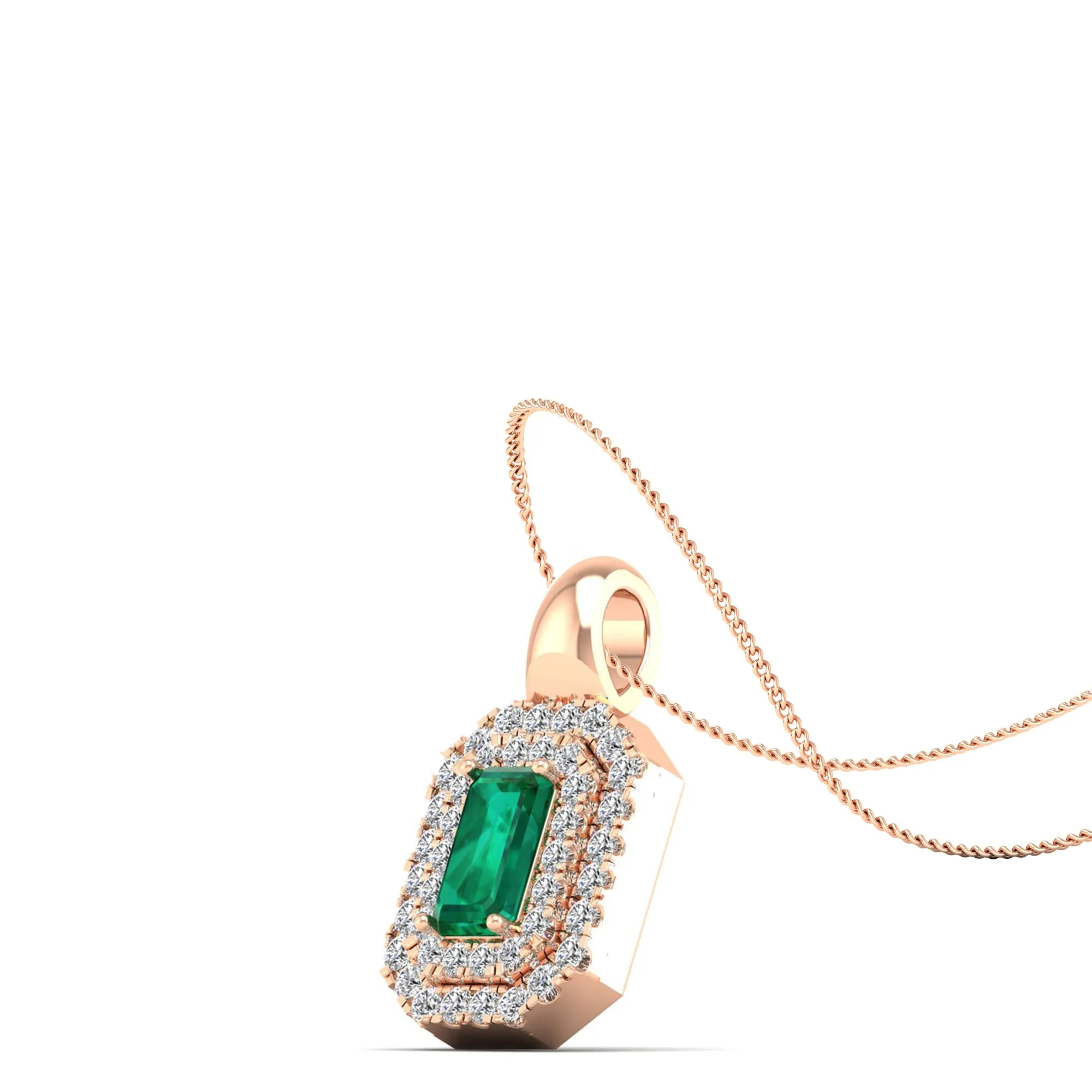 Double Halo Emerald and Diamond Beveled Pendant