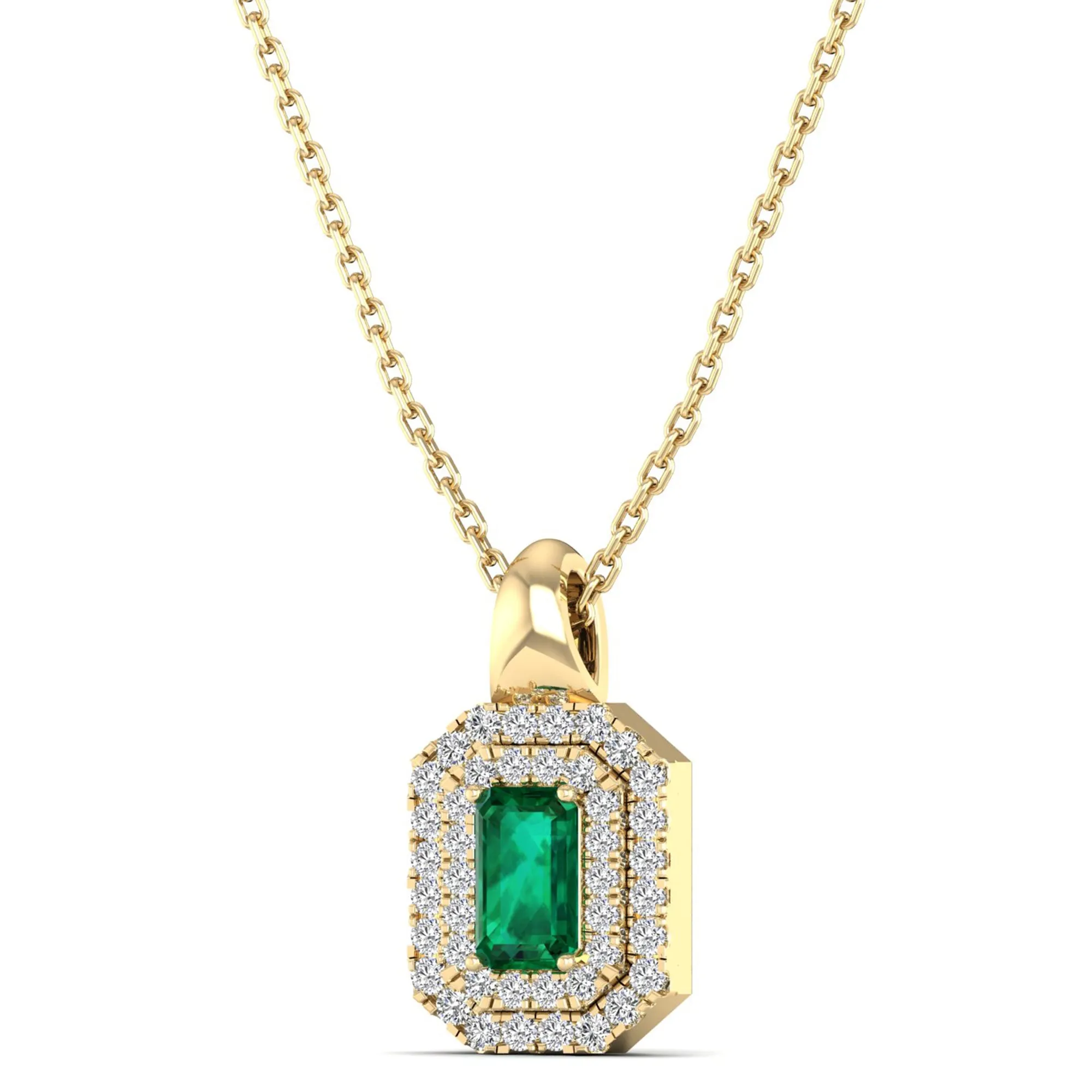 Double Halo Emerald and Diamond Beveled Pendant