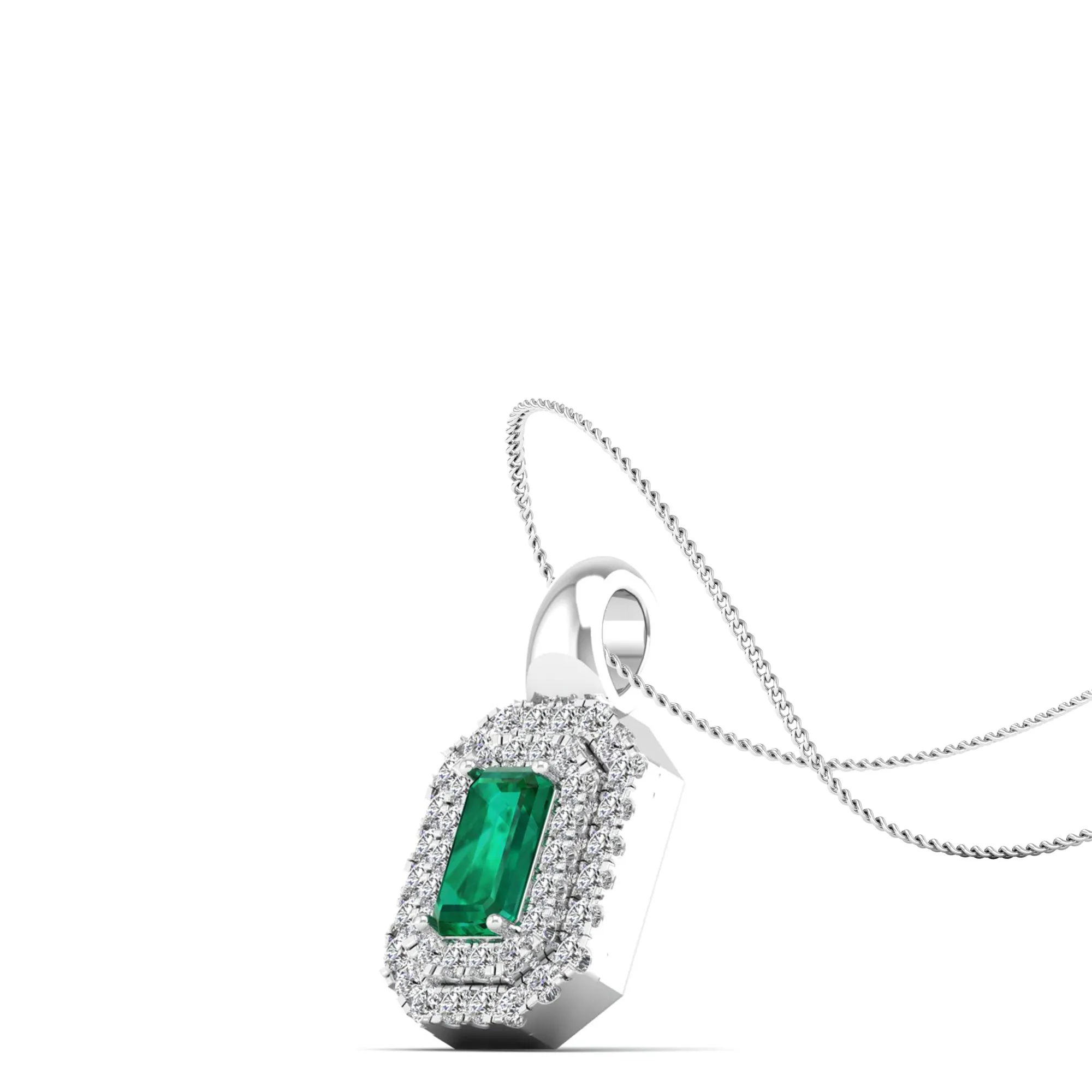 Double Halo Emerald and Diamond Beveled Pendant