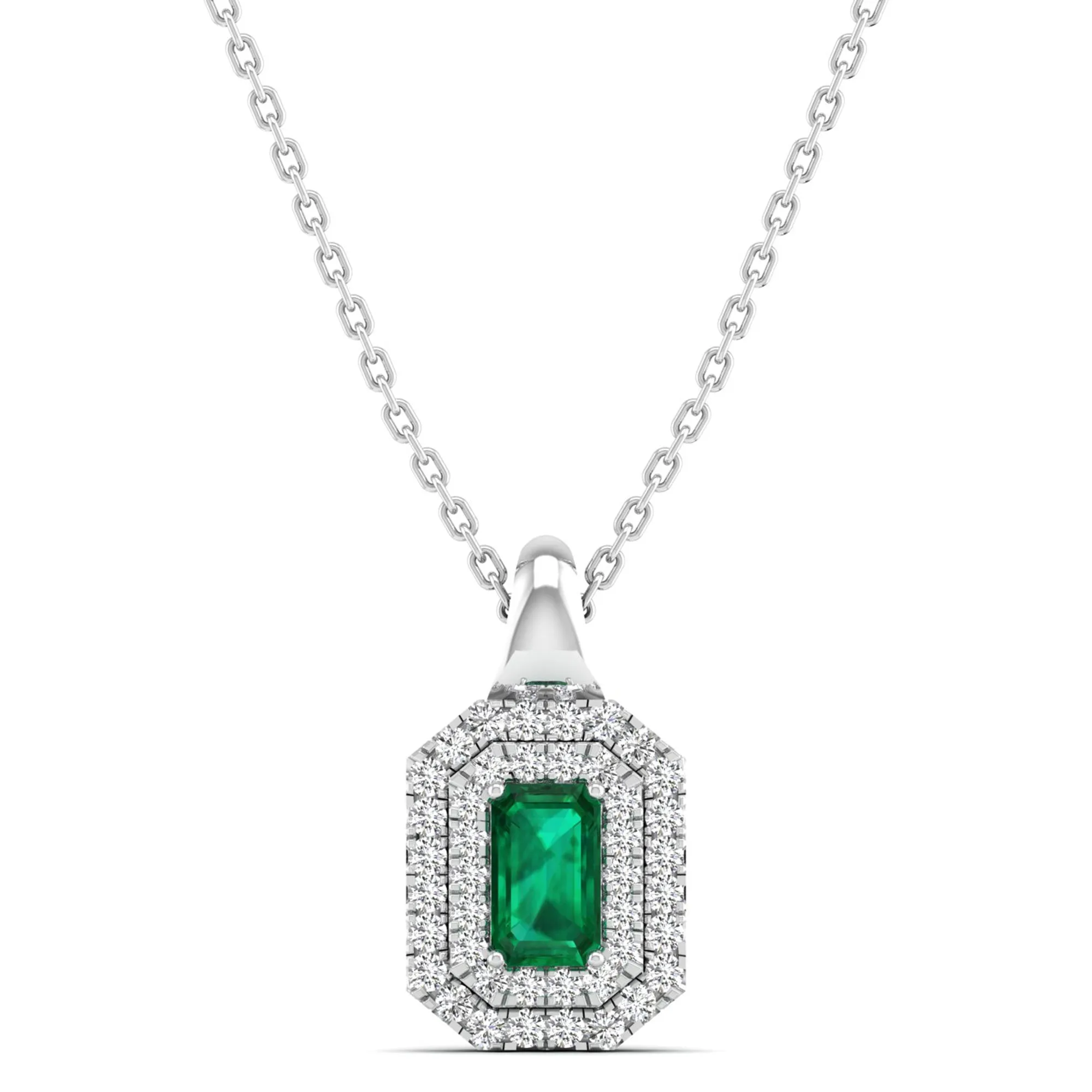 Double Halo Emerald and Diamond Beveled Pendant