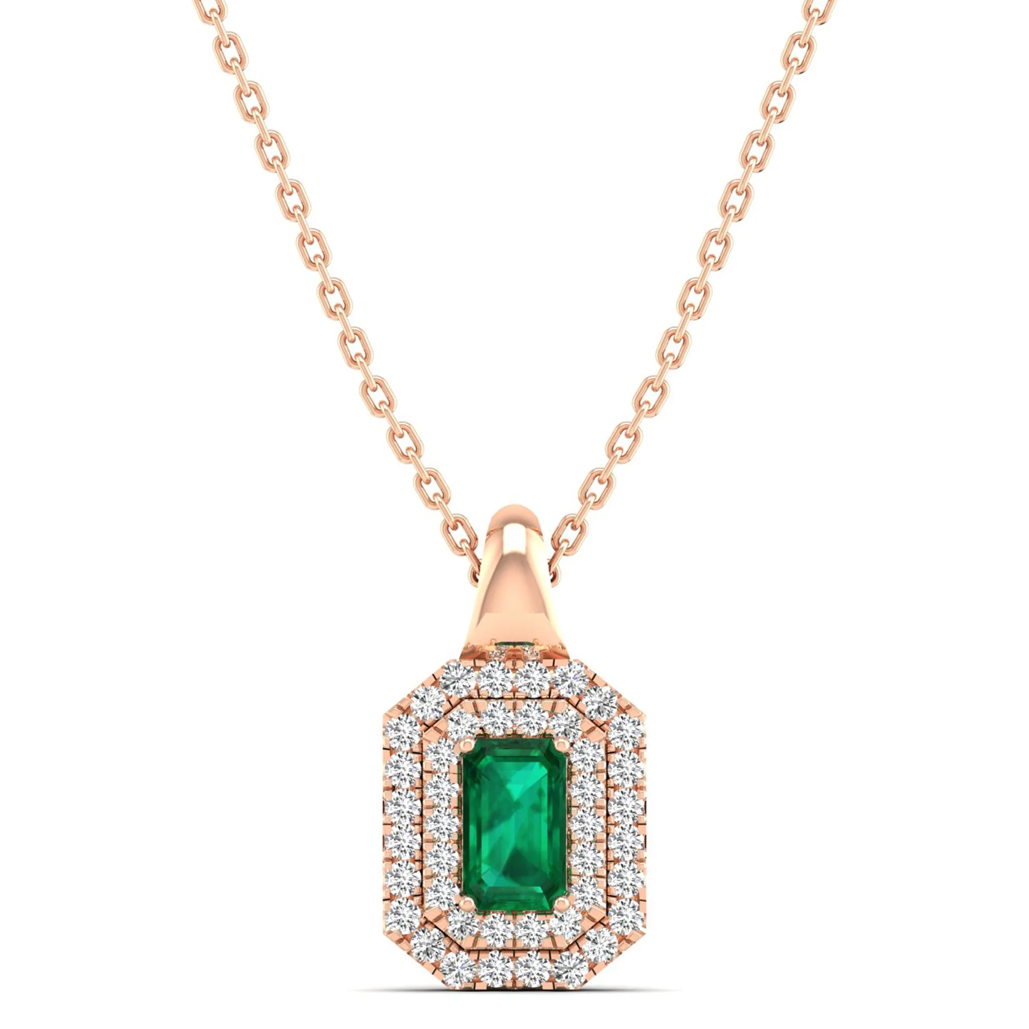 Double Halo Emerald and Diamond Beveled Pendant