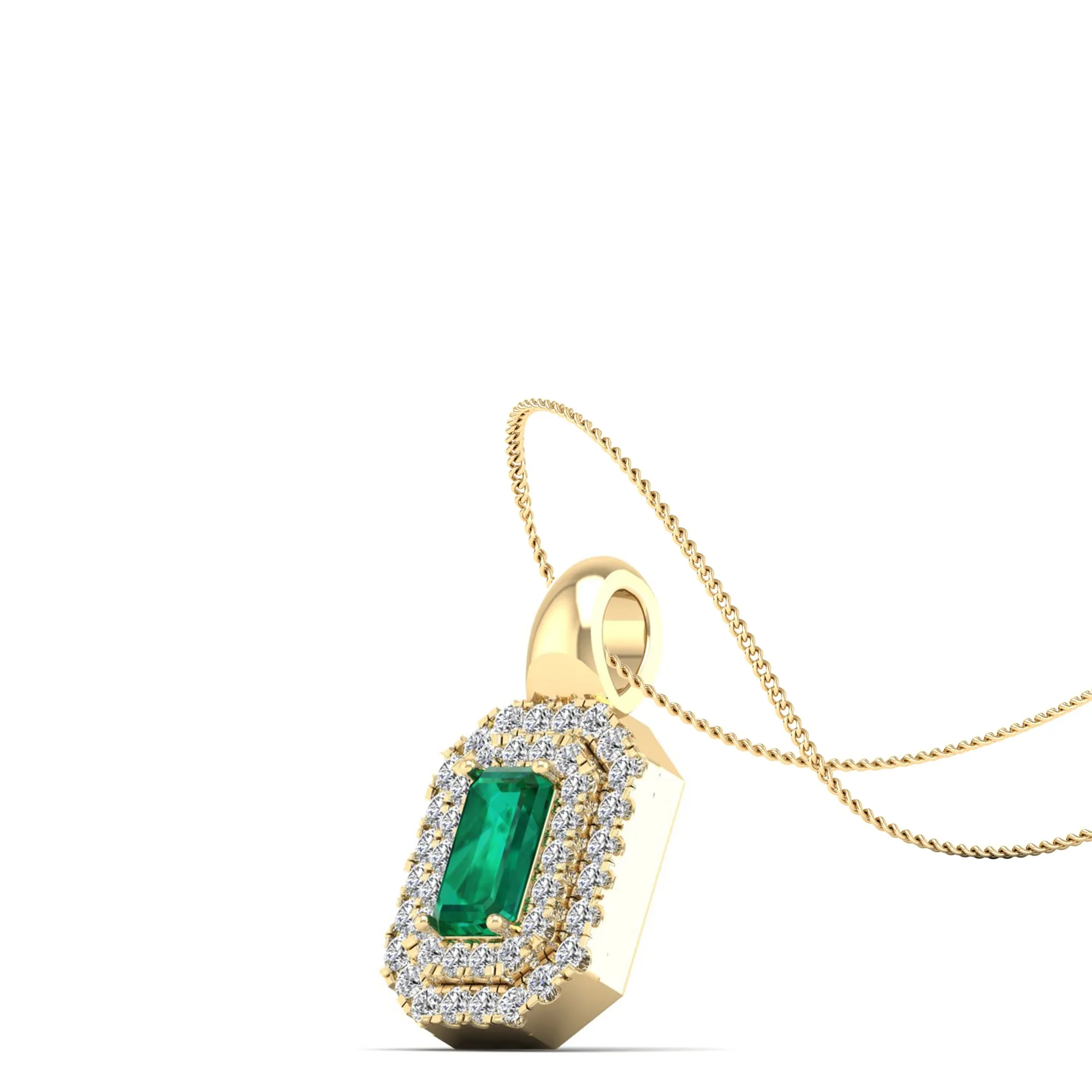 Double Halo Emerald and Diamond Beveled Pendant