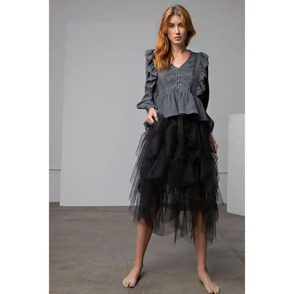 Easel Allover Mesh Ballerina Tulle Princess Maxi Skirt in Black New S-L EB40814