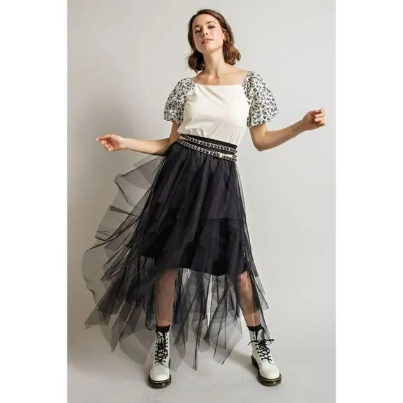 Easel Allover Mesh Ballerina Tulle Princess Maxi Skirt in Black New S-L EB40814